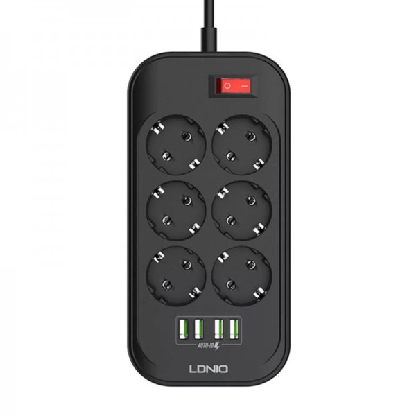 Πολύμπριζο Ασφαλείας LDNIO SE6403 6πλό με 4 θέσεις USB (Μαύρο)