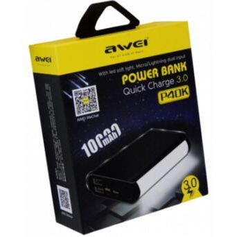 Powerbank εξωτερική μπαταρία με φακό AWEI P40K 10.000mAh, σε μαύρο χρώμα