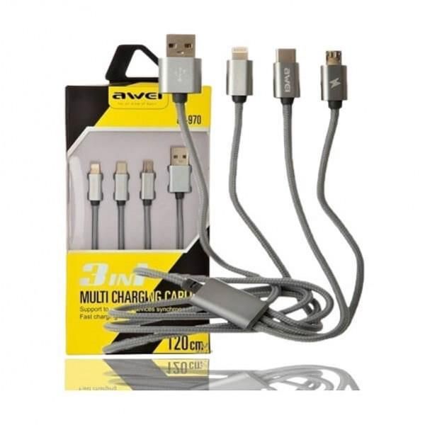 Καλώδιο Φόρτισης Awei CL-970 1.2m 3σε1 Micro USB - USB Type-C - Lightning Fast Charging, σε ασημί χρώμα