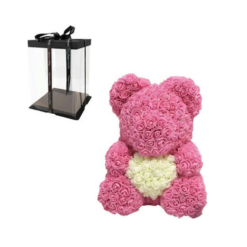 Αρκουδάκι από Τριαντάφυλλα Ροζ με Λευκή Καρδιά 40cm