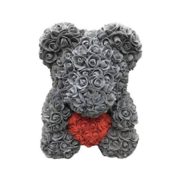 Αρκουδάκι Από Τεχνητά Τριαντάφυλλα Γκρι Με Κόκκινη Καρδιά 40cm