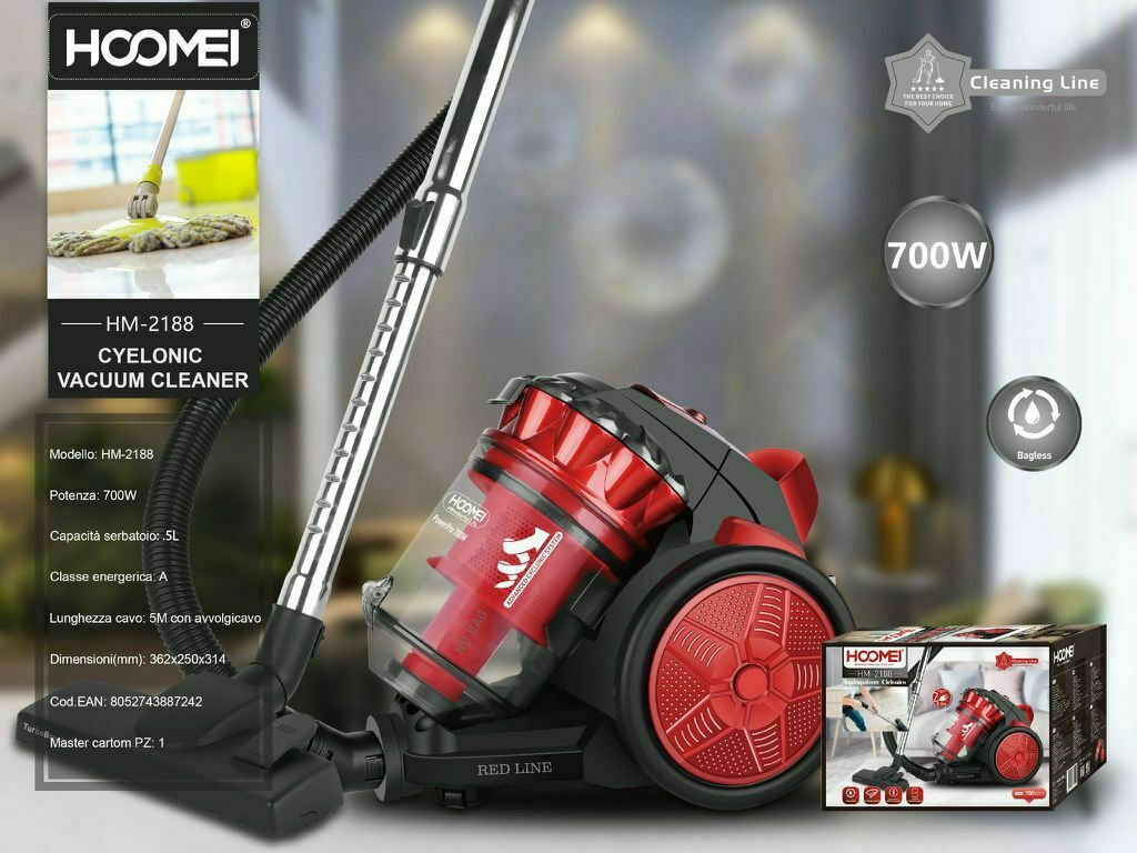 Ηλεκτρική Σκούπα 700W με Κάδο 2.5lt Hoomei HM-2188 Κόκκινο - Image 2